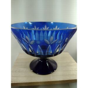 Bohemian Cobalt Blue Cut to Clear Glass Blue Footed Bowl Petal Pattern